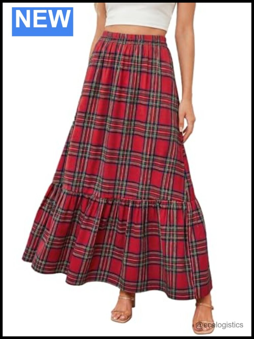 Women's Plaid High Waist A-Line Maxi Skirt Ruffled Hem Flowy